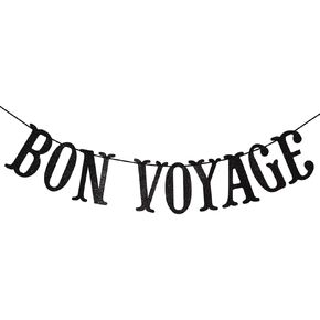 Bon Voyage Party Banner for Adventure Awaits Going Away Celebration Moving Away Retirement Party Decorations Sign Bunting (Black Glitter)