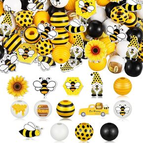 Buryeah 200 Pcs Bee Wooden Beads Summer Sunflower Beads Black and Yellow Craft Round and Shaped Wood Beads for Summer Farmhouse Bee Birthday DIY Garland Making Supplies Decor