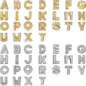 52 Pieces Rhinestone Letter Sliders Charm (A-Z, 8mm) - Gold & Silver Alloy Alphabet Charms for DIY Bracelet, Necklace, Jewelry Making