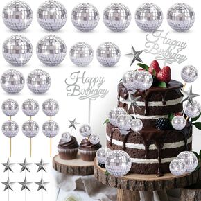33pcs Disco Ball Cupcake Toppers Happy Birthday Cake Topper 1970s Disco Ball Cake Picks Disco Theme Cake Decorations for Disco Theme Party 70s Disco Party Favor