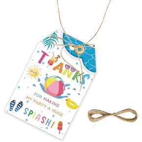 50pcs Pool Party Thank You Tags, Summer Beach Gift Tag with String for Pool Party, Swimming Thank You Paper Tags for Birthday/Summer Pool Party Favors