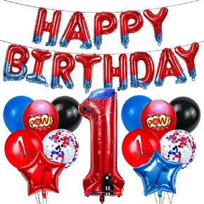 Cartoon Hero 40 Inch Red and Blue Spider Theme Number Foil Birthday Decoration Balloon, Spider Theme Happy Birthday Banner Party Decoration Balloon, Letter Logo Superhero Party Supplies (3)
