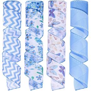 4 Rolls 20 Yards Blue Floral Butterfly Wired Edge Ribbon 2.5 Inch Flower Wavy Patterned Fabric Ribbon Spring Decorative Craft Ribbon for Gift Wrapping Wreath Bow Making Wedding Bridal Decor