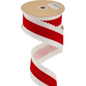MEEDEE Christmas Felt Ribbon 2.5 Inch Wired, 10 Yards White With Red Velvet Middle Rickrack Cutout for Tree Decoration, Topper Bow, Garland