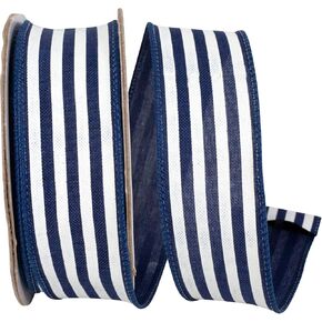 Reliant Ribbon Striped Linen Value Wired Edge, Navy/White, 1-1/2 Inch, 10 Yards