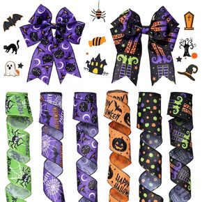 Halloween Ribbon Wired, 2.5 Inch 6 Roll 30 Yards, Web Bat Spider Witch Legs Hat Cat Pumpkin Polka Dot Printed Halloween Wired Edge Ribbons for Crafts Wreath Bows Making Party Decoration