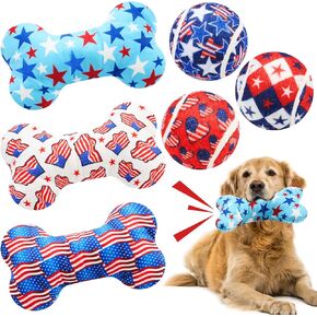 6 Pcs 4th of July Dog Toys Patriotic Day Puppy Tennis Balls and Squeaky Bone Plush Red White and Blue Pet Toys for Small Medium Large Dog Plush Chew Training Toss Balls Gift