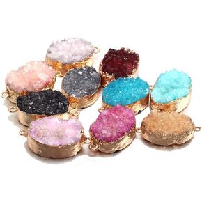 Natural Druzy Agate Pendents Links Gemstones Connectors Oval Charms with Gold Plated Edge Brass Finding Loop for DIY Necklace Bracelet Jewelry Making Mixed 5PCS