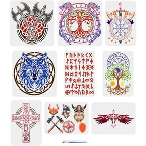 FINGERINSPIRE 9 Pcs Cowboy Theme Drawing Stencil with A Paint Brush 2 Size Western Horse Cowboy Boots Indian Skull Cow Skull Aztec Pattern Painting Template for Painting on Wood Wall Fabric Furniture