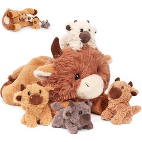 Easfan Highland Cow Stuffed Animal-Lying Mommy Cow with 4 Baby Cows Inside,Realistic Fluffy Cattle Plushie for Baby Girls, Boys, Toddlers & Kids,16"