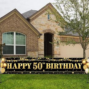 KatchOn, XtraLarge Happy 50th Birthday Banner - 120x20 Inch | 50th Birthday Decorations for Women, Men | Happy Birthday Yard Banner For Black And Gold Party Decorations