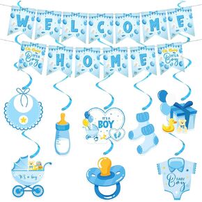 Welcome Home Baby Boy Decorations, Blue Baby Shower Decorations for Boys Welcome Home Banner It's a Boy Hanging Swirls for Pregnancy Announcement Newborn Gender Reveal Party Supplies