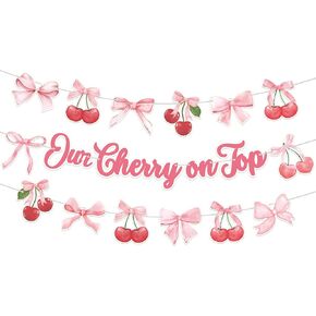 Our Cherry on Top Decorations - Pink Cherry Bow Party Garland for Birthday, First Baby Shower, and Valentines Themed Celebrations