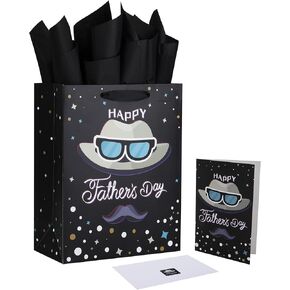 Qirrmiy 13" Large Father's Day Gift Bag Set with Handles, Greeting Card, Black Tissue Papers and Stickers for Men for Best Dad Ever, Dad Day, Hat Design, 1 Pcs