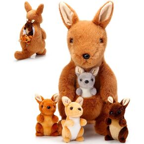 5 Pcs Kangaroo Stuffed Animals, 12 Inch Large Plush Mommy Kangaroo with 4 Little Babies Soft Plush Stuffed Animals Set for Boys and Girls Easter Christmas Birthday Party Favors (Grey)