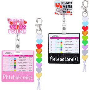 2 Set Badge Holder Sleeve Phlebotomy Badge Reel Set Order of Blood Draw Beads Vertical Name Tag Case with Reference Card Essentials for RN Nurse Student Practitioner Grad Work School