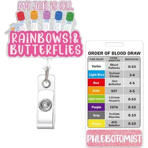 Phlebotomy Badge Reel and Order of Draw Badge Card, Funny Retractable ID Holder with Metal Clip and Vertical Buddy, Phlebotomy Essentials and Phlebotomist Gifts