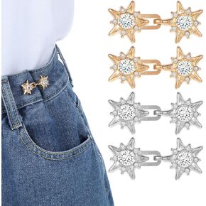 4Pairs Adjustable Star Pant Waist Tightener, Detachable Rhinestone Star Jean Buttons for Loose Jeans, No Sewing Skirt Pant Clips for Waists Tightener Women Girls(Silver+Gold)