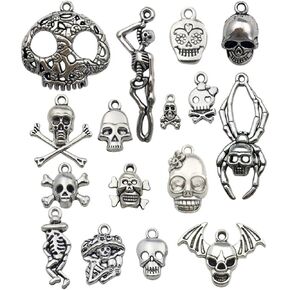 ALIMITOPIA Skull Head Charm Skeleton Bone Halloween DIY Jewelry Making Charm Pendant for Punk Necklace Bracelet Accessaries(32pcs;Silver Tone)
