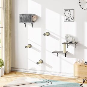 NUNU LAB 5-in-1 Wall-Mounted Cat Climber Set, Cats Wall Shelve, Wall-Mounted Cat Climbing Shelves, with House, Bridge, Steps, Scratcher, Hammock, Shelves (B-KM061)
