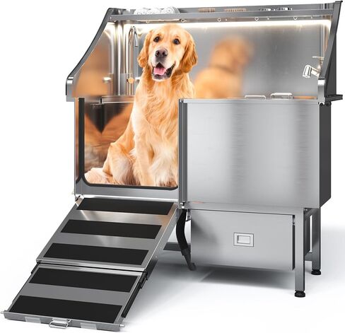 50'' Dog Washing Station, LED Professional Stainless Steel Dog Bathing Station, Grooming Tub with Ramp, Drawer, Floor Grate & Lick Pad, Dog Bathtub Dogs(Large/Medium/Small) in Saudi Arabia