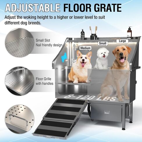 50'' Dog Washing Station, LED Professional Stainless Steel Dog Bathing Station, Grooming Tub with Ramp, Drawer, Floor Grate & Lick Pad, Dog Bathtub Dogs(Large/Medium/Small) in Saudi Arabia