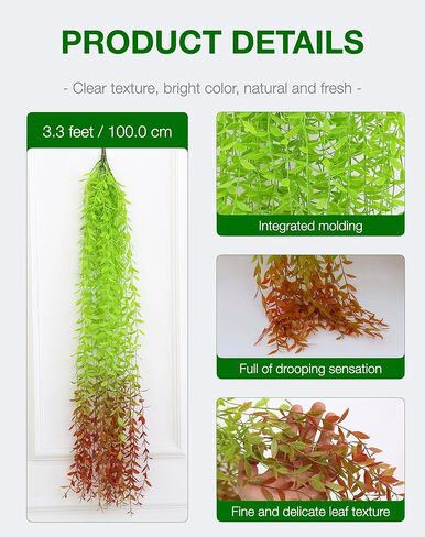 5pcs Artificial Hanging Plants, Fake Hanging Plants, Artificial Willow Leaf and Vine Greenery for Wall House Room Indoor Outdoor Decor, Red Tail, 3.3ft (No Basket) in Kuwait