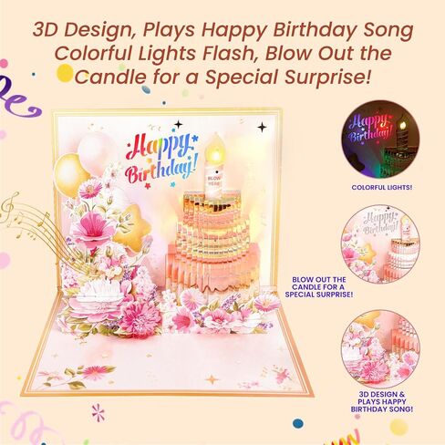 3D Popup Happy Birthday Card | Musical Lights Up Greeting Cards | Blow Out the Candle| Candle Cake Pop Up Card | Plays Happy Birthday Song | Perfect for Women, Men, Kids & Loved Ones in Saudi Arabia