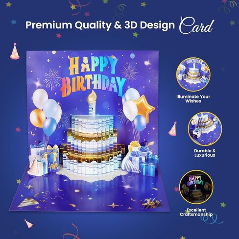 3D POPUP بطاقة عيد ميلاد سعيد | يضيء الموسيقي بطاقات المعايدة | تفجير الشمعة | Candle Cake POP POP CARD | يلعب أغنية عيد ميلاد سعيد | مثالي للنساء والرجال والأطفال والأحباء in Saudi Arabia