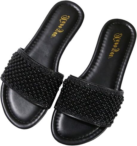 GORGLITTER PU Leather Flat Sandals Open Toe Slip On Slides Sandals in Kuwait