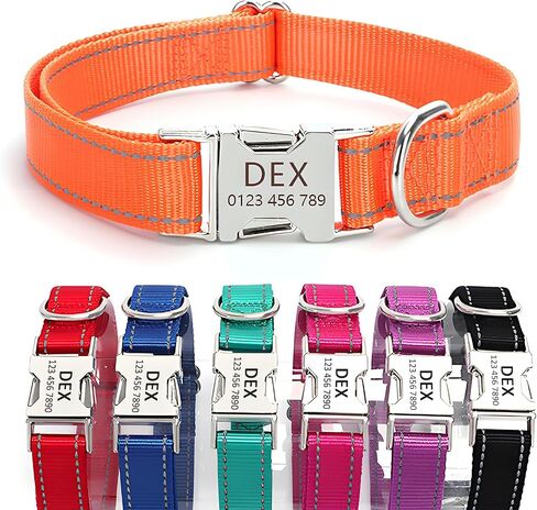 Personalized Reflective Nylon Dog Collar with Name Tag | Custom Engraved Buckle Dog Collars | Metal Buckle Adjustable XS S M L XL Pet Collar for Small Medium Large Dogs（Orange） in Kuwait
