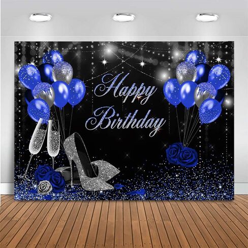 Mocsicka Birthday Backdrop for Women Silver Blue High Heels Happy Birthday Party Decoration for Girls Rose Party Banner Supplies Photography Background in Saudi Arabia