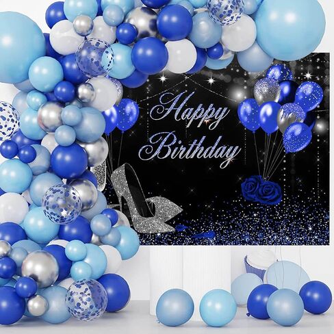 Mocsicka Birthday Backdrop for Women Silver Blue High Heels Happy Birthday Party Decoration for Girls Rose Party Banner Supplies Photography Background in Saudi Arabia