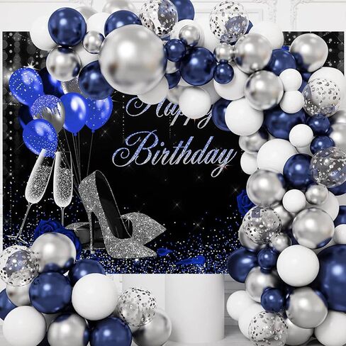 Mocsicka Birthday Backdrop for Women Silver Blue High Heels Happy Birthday Party Decoration for Girls Rose Party Banner Supplies Photography Background in Saudi Arabia