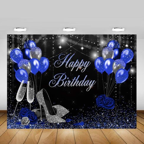 Mocsicka Birthday Backdrop for Women Silver Blue High Heels Happy Birthday Party Decoration for Girls Rose Party Banner Supplies Photography Background in Saudi Arabia