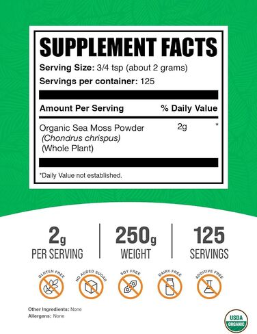 BulkSupplements.com مسحوق طحلب البحر الأيرلندي العضوي - مكمل طحلب البحر، طحلب البحر الأيرلندي العضوي، مسحوق طحلب البحر العضوي - نباتي وخالي من الغلوتين، 2000 مجم لكل وجبة، 250 جم (8.8 أونصة) (عبوة من قطعة واحدة) in Saudi Arabia