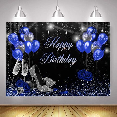 Mocsicka Birthday Backdrop for Women Silver Blue High Heels Happy Birthday Party Decoration for Girls Rose Party Banner Supplies Photography Background in Saudi Arabia