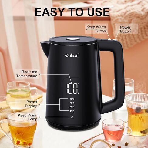 Temperature Control Electric Kettle, Long-term Keep Warm 304 SS Interior 1.7 L Electric Tea Kettle & Hot Water Boiler with Real Time Display,Auto-Off & Boil-Dry Protection, BPA Free in Saudi Arabia