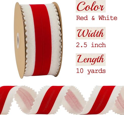 MEEDEE Christmas Felt Ribbon 2.5 Inch Wired, 10 Yards White With Red Velvet Middle Rickrack Cutout for Tree Decoration, Topper Bow, Garland in Saudi Arabia