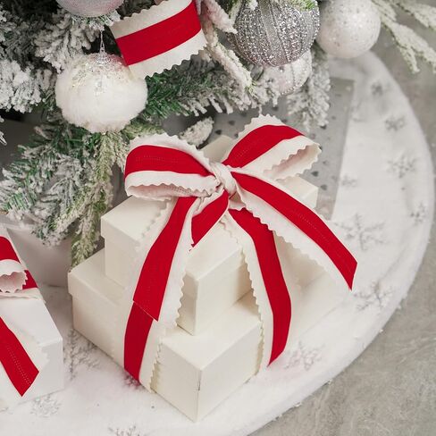 MEEDEE Christmas Felt Ribbon 2.5 Inch Wired, 10 Yards White With Red Velvet Middle Rickrack Cutout for Tree Decoration, Topper Bow, Garland in Saudi Arabia