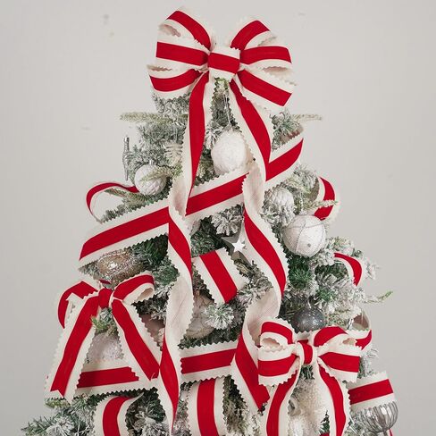 MEEDEE Christmas Felt Ribbon 2.5 Inch Wired, 10 Yards White With Red Velvet Middle Rickrack Cutout for Tree Decoration, Topper Bow, Garland in Saudi Arabia