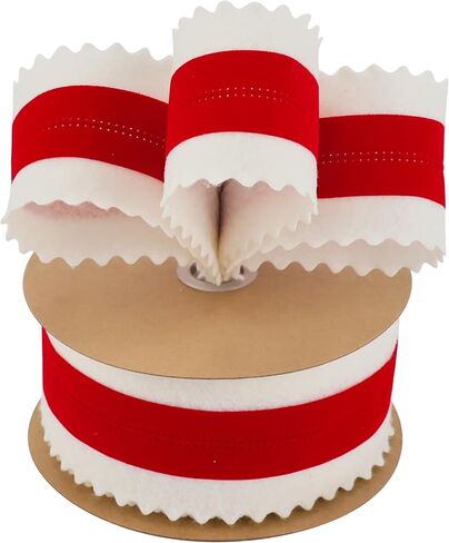 MEEDEE Christmas Felt Ribbon 2.5 Inch Wired, 10 Yards White With Red Velvet Middle Rickrack Cutout for Tree Decoration, Topper Bow, Garland in Saudi Arabia