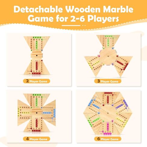 Fast Track Board Game, 18" Detachable Wooden Board Game for 2-6 Players, Portable Marble Game with 32 Marbles and 8 Dices for Family, Friends, Party Game Night in Saudi Arabia