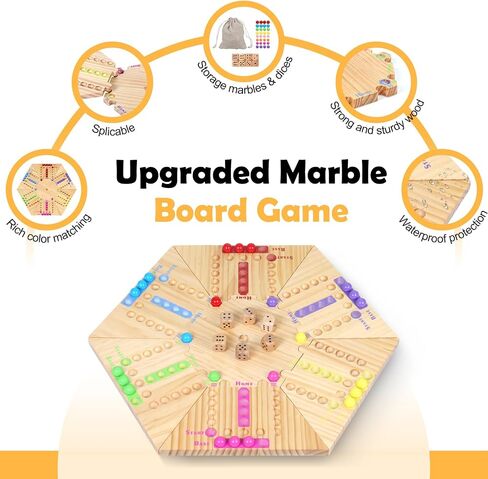 Fast Track Board Game, 18" Detachable Wooden Board Game for 2-6 Players, Portable Marble Game with 32 Marbles and 8 Dices for Family, Friends, Party Game Night in Saudi Arabia