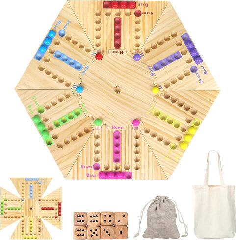 Fast Track Board Game, 18" Detachable Wooden Board Game for 2-6 Players, Portable Marble Game with 32 Marbles and 8 Dices for Family, Friends, Party Game Night in Saudi Arabia
