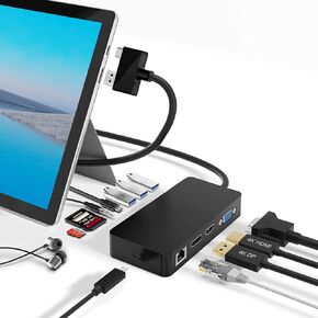 قاعدة تركيب Surface Pro لمنصة Surface Pro 4/5/6 مع HDMI وVGA وDP ومنفذ RJ-45 جيجابت إيثرنت و3 منافذ USB 3.0 ومنفذ مزامنة USB C ومنفذ إخراج الصوت وقارئ بطاقات SD/TF ومنفذ USB صغير ميناء in Kuwait