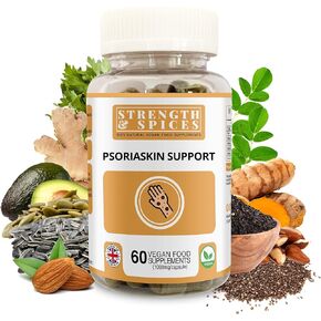 Strength & Spices Psoriaskin Supplement, Immune System Booster with 31 Powerful Ingredients and Amino Acids, Soothes Red, Flaky Skin, 1000 mg, 60 Vegan Capsules