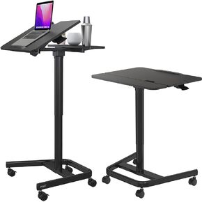 AVLT 47" Ambidextrous Mobile Standing Desk with Split Top Tilting Tray (3 ft 11 inches) - Pneumatic Laptop Cart - Rolling White Cart with Brake Casters