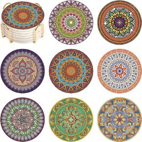 Drink Coasters Set of 8 with Holder, Boho Ceramic Coaster for Drink Absorbent with Cork Base, Bohemia Style Coasters for Coffee Table Wooden Bar Mugs Beer Glasses in Kuwait