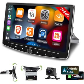 [2G+64G] 10 inch Android 13 Single Din Touch Screen Car Stereo Rotatable Carplay Radio with Wired/Wireless Apple Carplay & Android Auto, Hi-Fi/Bluetooth/SWC/GPS+AHD Backup Camera